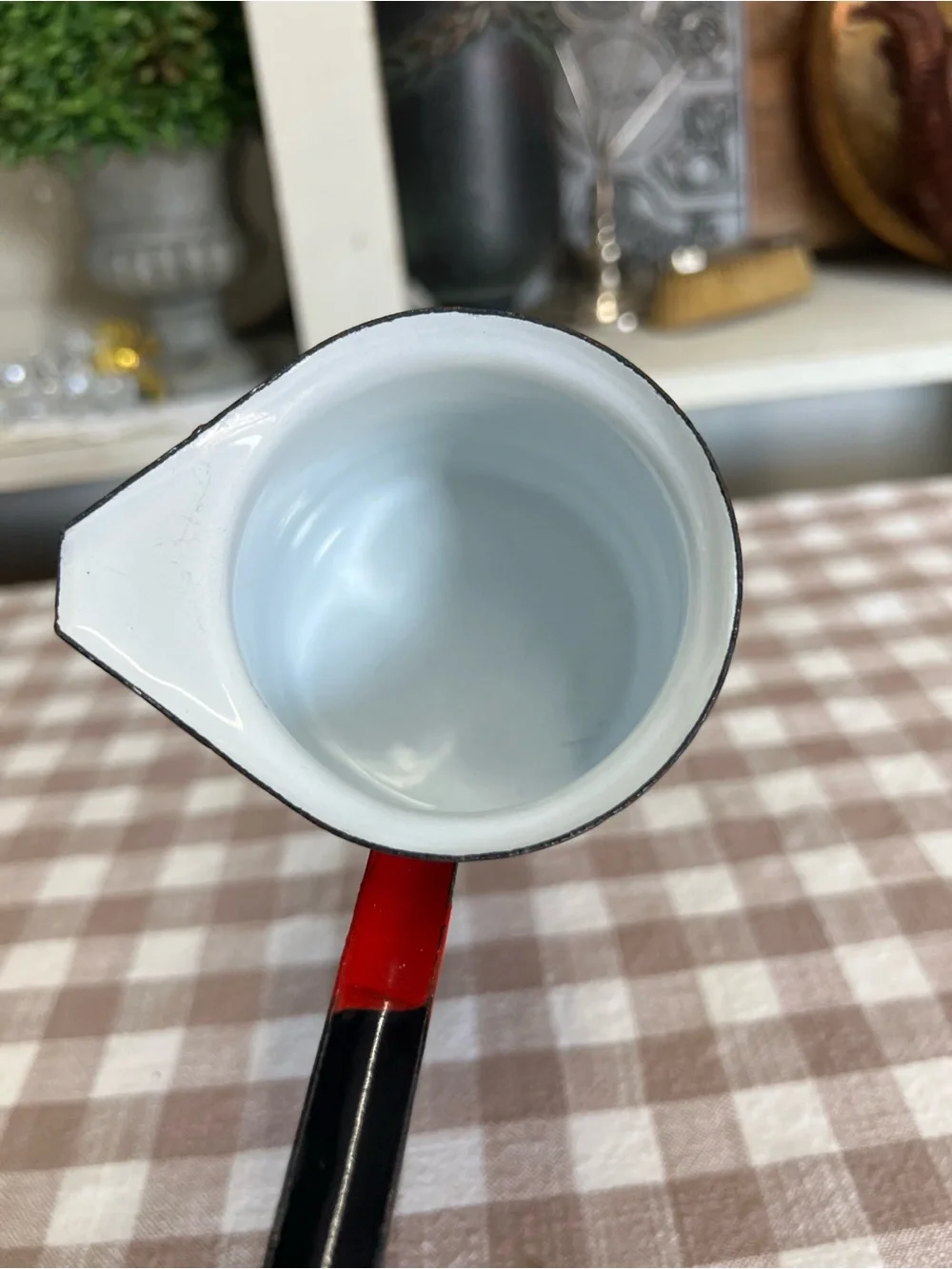 Vintage Hong Kong coffee briki melting pot ladle red black white enamel
